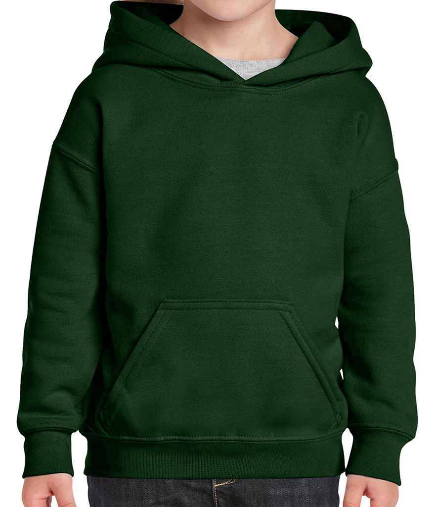 Gildan Kids Heavy Blend Hooded Sweatshirt in Forest Green by Gildan — Custom branded clothing by Print Press, featuring premium embroidery produced in our specialist print lab in the UK.