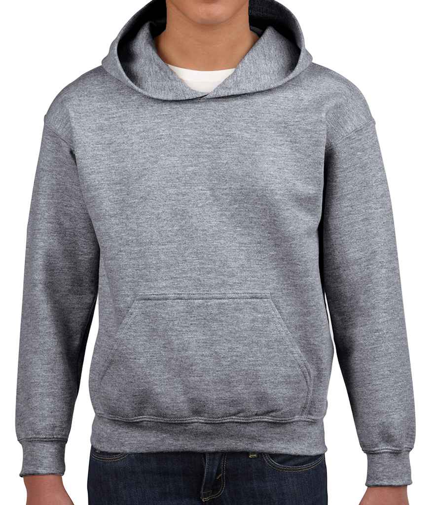 Gildan Kids Heavy Blend Hooded Sweatshirt in Graphite Heather by Gildan — Custom branded clothing by Print Press, featuring premium embroidery produced in our specialist print lab in the UK.