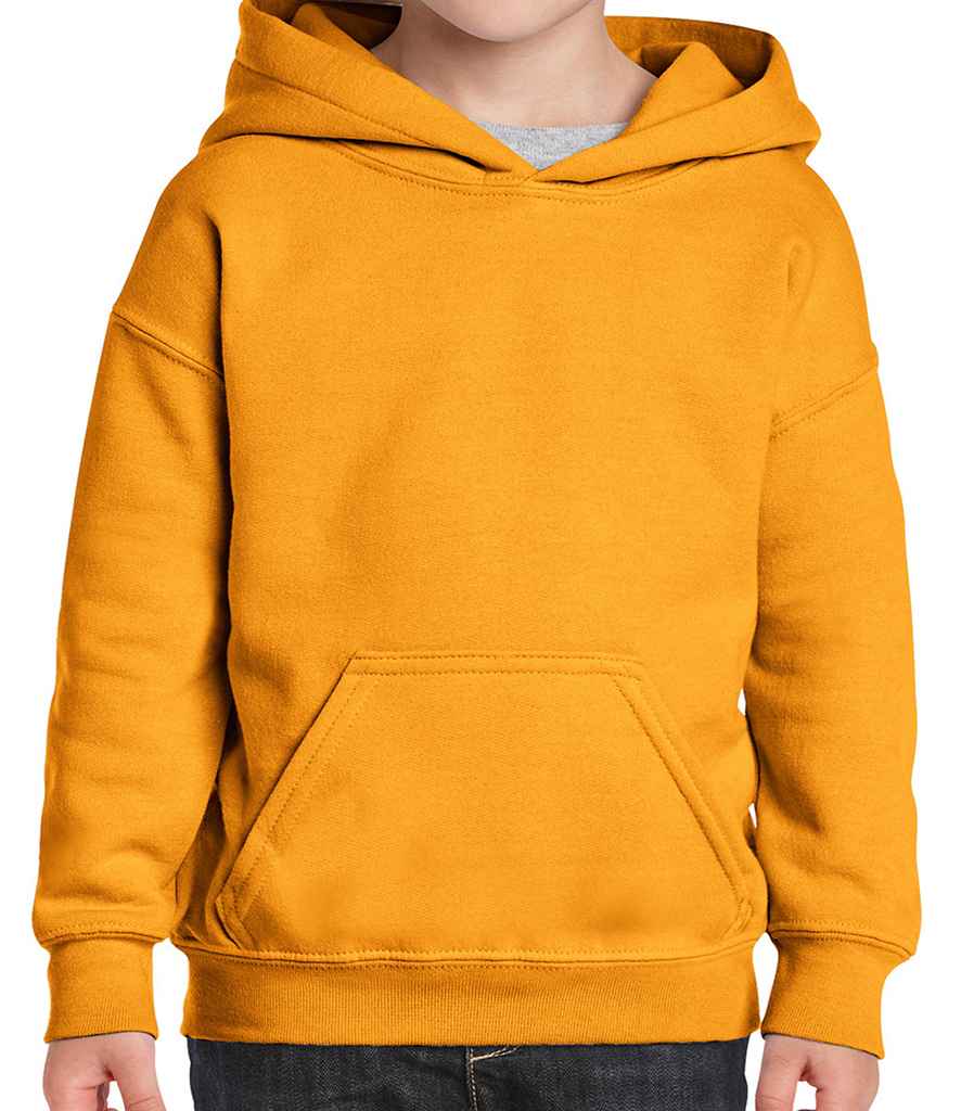 Gildan Kids Heavy Blend Hooded Sweatshirt in Gold by Gildan — Custom branded clothing by Print Press, featuring premium embroidery produced in our specialist print lab in the UK.