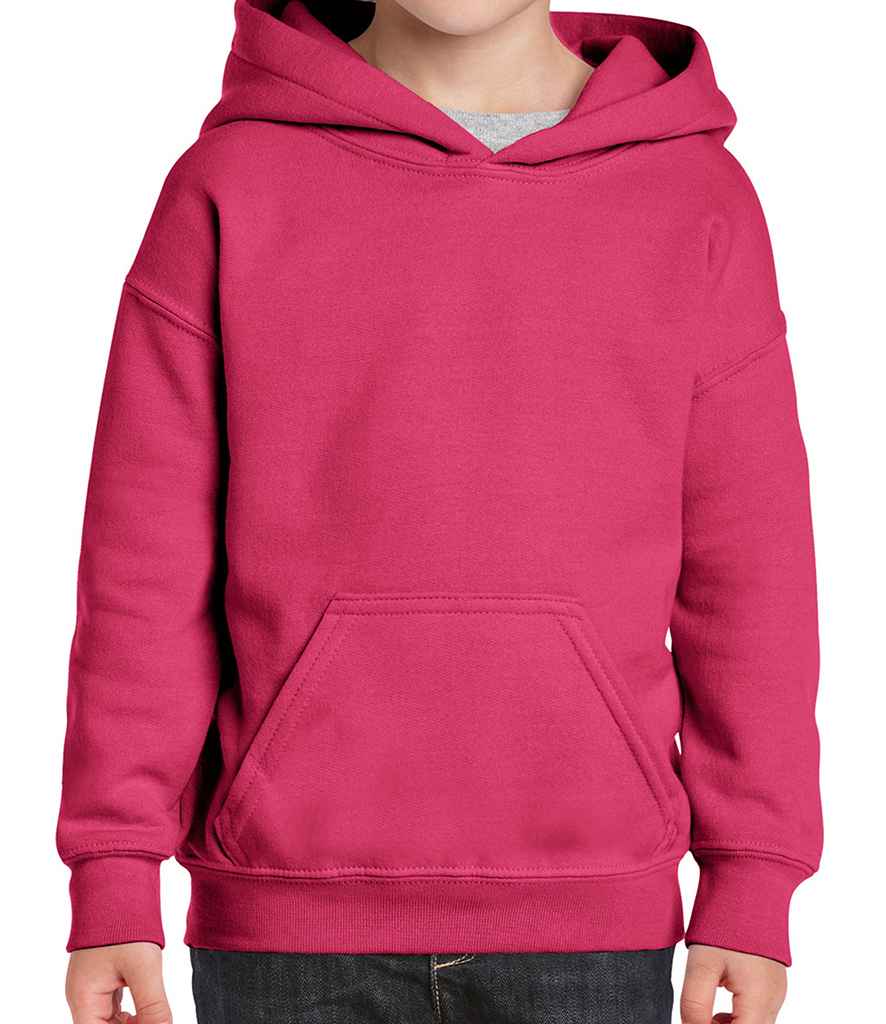 Gildan Kids Heavy Blend Hooded Sweatshirt in Heliconia by Gildan — Custom branded clothing by Print Press, featuring premium embroidery produced in our specialist print lab in the UK.