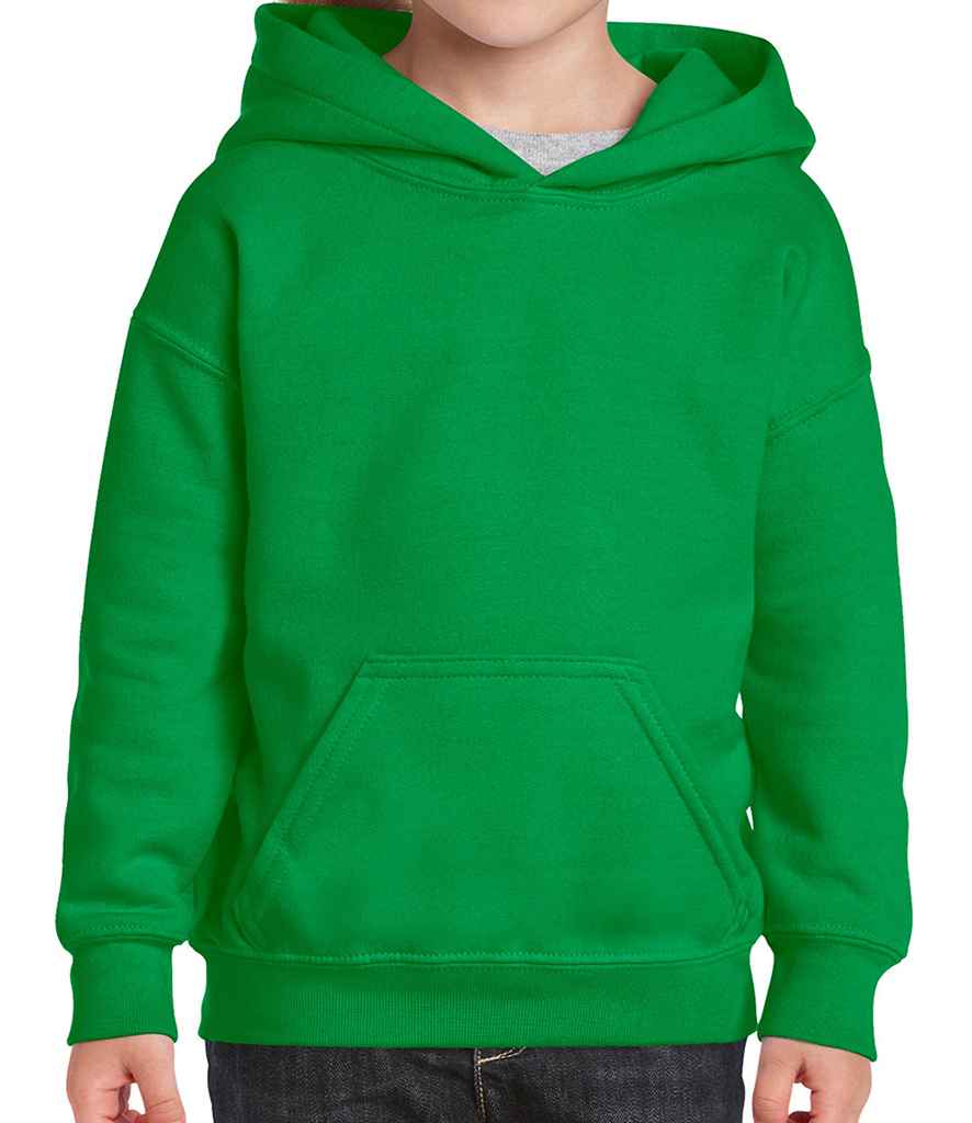 Gildan Kids Heavy Blend Hooded Sweatshirt in Irish Green by Gildan — Custom branded clothing by Print Press, featuring premium embroidery produced in our specialist print lab in the UK.
