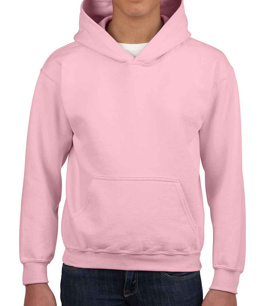 Gildan Kids Heavy Blend Hooded Sweatshirt in Light Pink by Gildan — Custom branded clothing by Print Press, featuring premium embroidery produced in our specialist print lab in the UK.