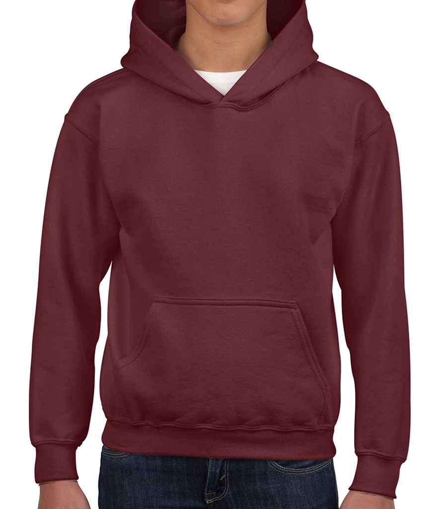 Gildan Kids Heavy Blend Hooded Sweatshirt in Maroon by Gildan — Custom branded clothing by Print Press, featuring premium embroidery produced in our specialist print lab in the UK.