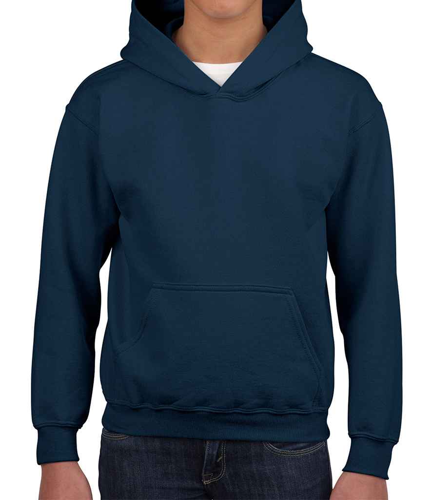 Gildan Kids Heavy Blend Hooded Sweatshirt in Navy by Gildan — Custom branded clothing by Print Press, featuring premium embroidery produced in our specialist print lab in the UK.