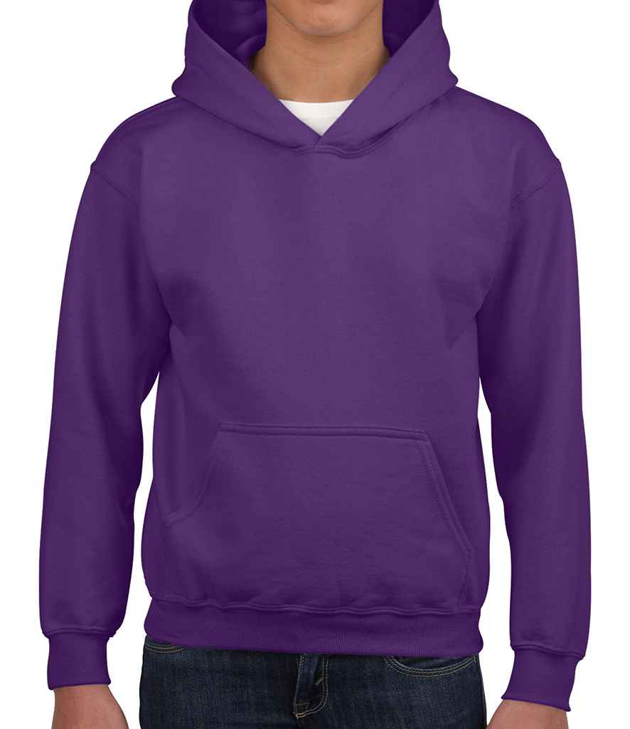 Gildan Kids Heavy Blend Hooded Sweatshirt in Purple by Gildan — Custom branded clothing by Print Press, featuring premium embroidery produced in our specialist print lab in the UK.