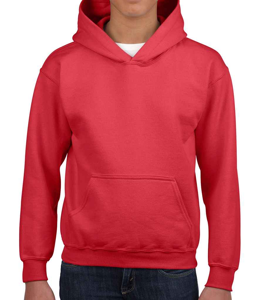 Gildan Kids Heavy Blend Hooded Sweatshirt in Red by Gildan — Custom branded clothing by Print Press, featuring premium embroidery produced in our specialist print lab in the UK.