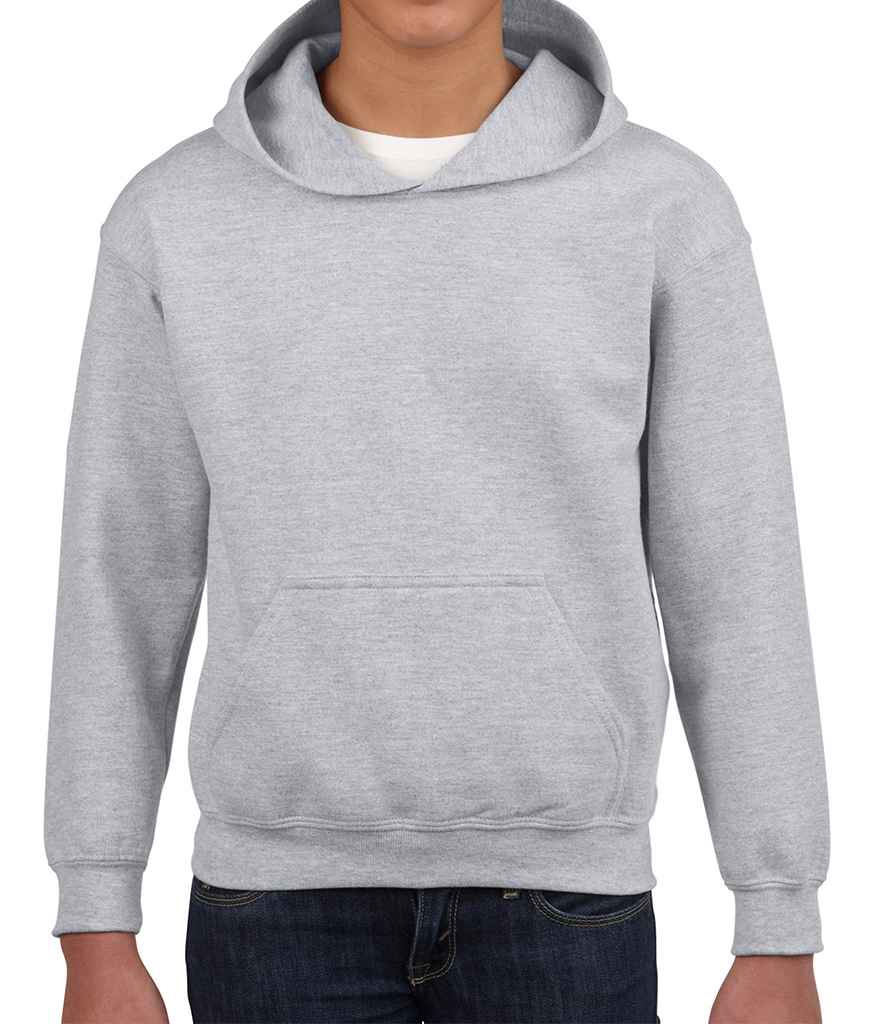 Gildan Kids Heavy Blend Hooded Sweatshirt in Sport Grey by Gildan — Custom branded clothing by Print Press, featuring premium embroidery produced in our specialist print lab in the UK.