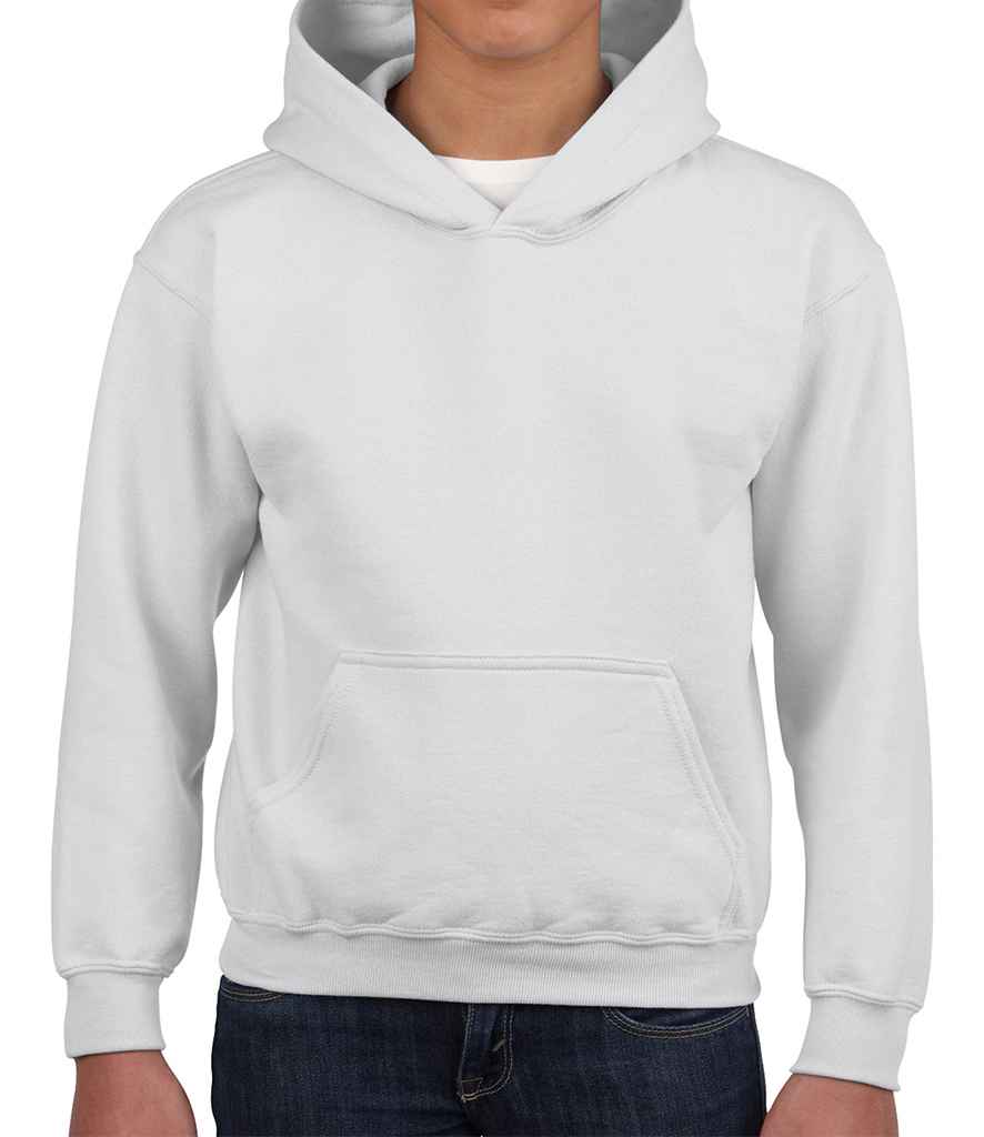 Gildan Kids Heavy Blend Hooded Sweatshirt in White by Gildan — Custom branded clothing by Print Press, featuring premium embroidery produced in our specialist print lab in the UK.