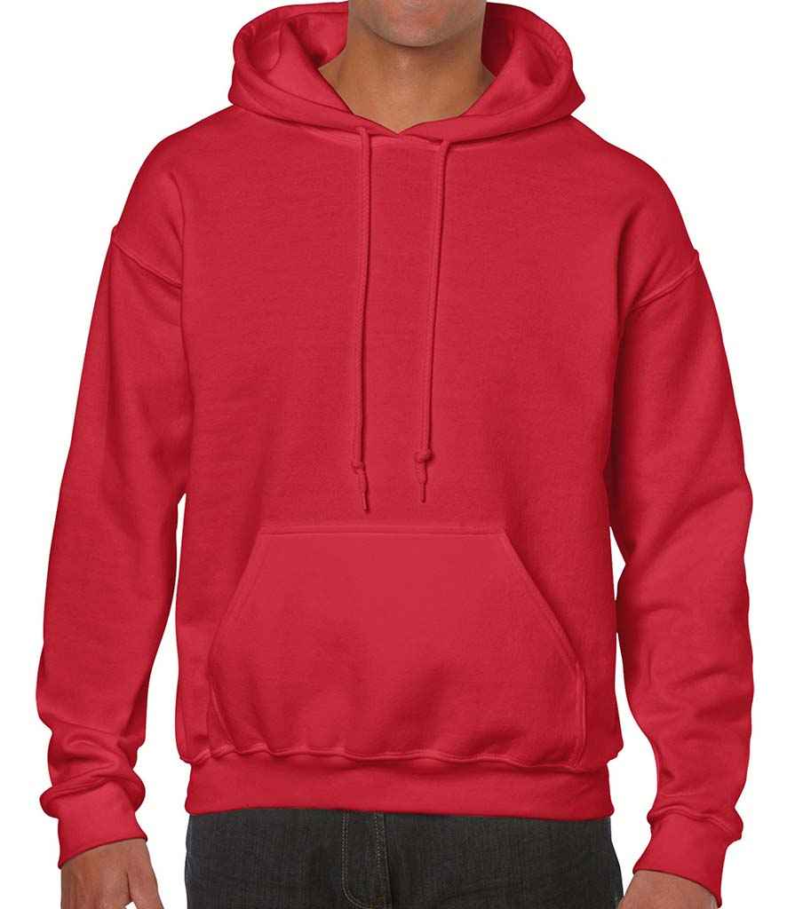 Gildan Heavy Blend Hooded Sweatshirt in Red by Gildan — Custom branded clothing by Print Press, featuring premium embroidery produced in our specialist print lab in the UK.
