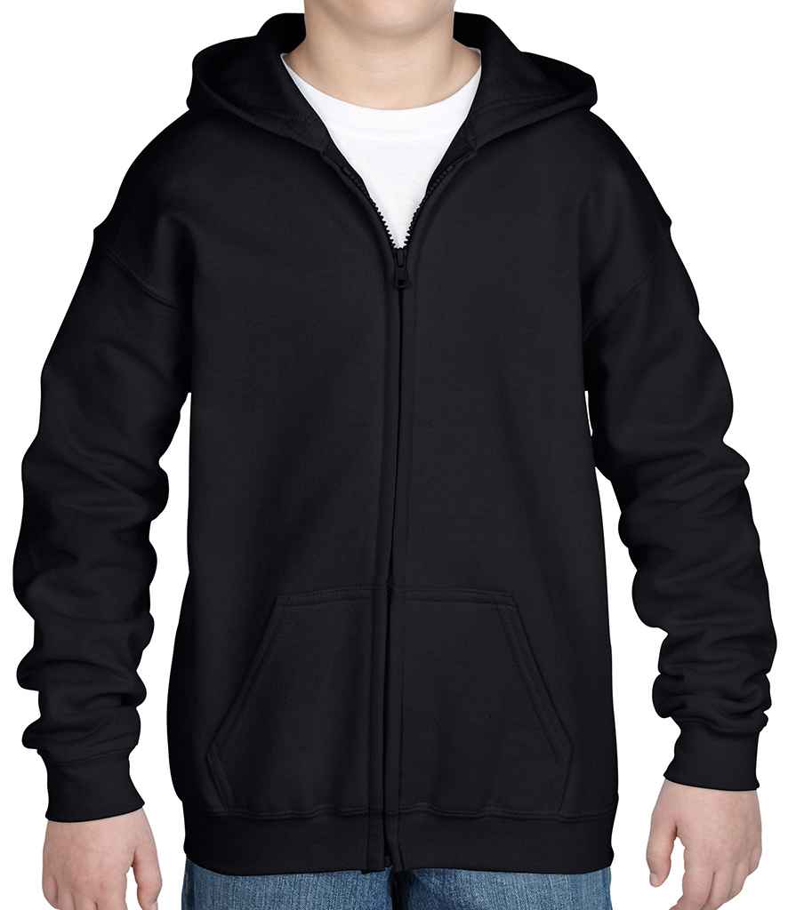 Gildan Kids Heavy Blend Zip Hooded Sweatshirt in Black by Gildan — Custom branded clothing by Print Press, featuring premium embroidery produced in our specialist print lab in the UK.