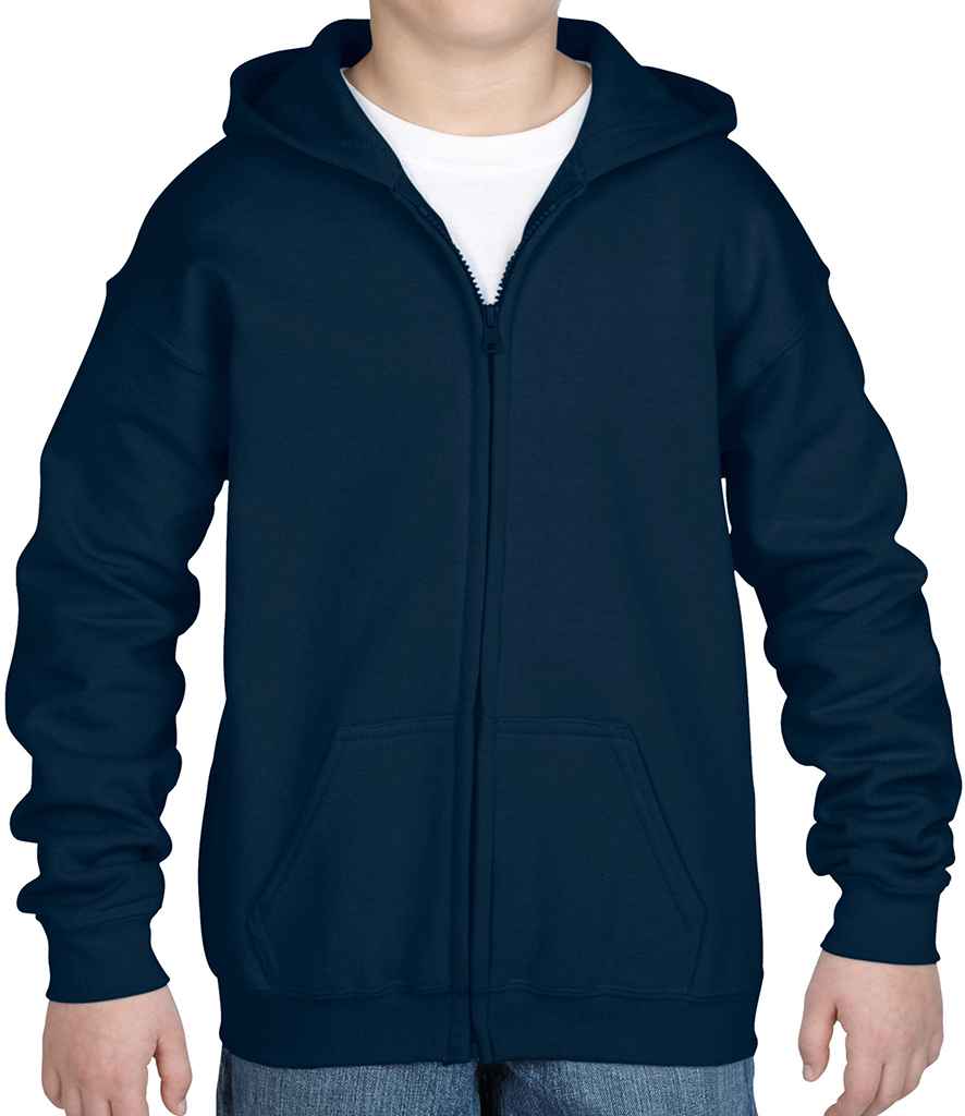 Gildan Kids Heavy Blend Zip Hooded Sweatshirt in Navy by Gildan — Custom branded clothing by Print Press, featuring premium embroidery produced in our specialist print lab in the UK.