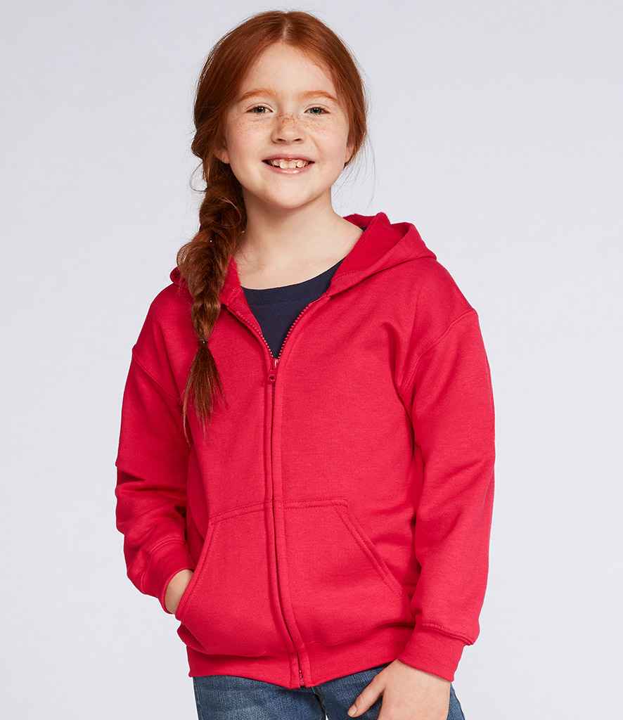 Gildan Kids Heavy Blend Zip Hooded Sweatshirt in Red by Gildan — Custom branded clothing by Print Press, featuring premium embroidery produced in our specialist print lab in the UK.