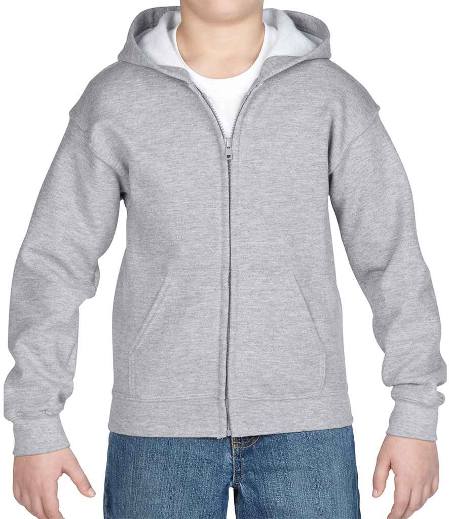 Gildan Kids Heavy Blend Zip Hooded Sweatshirt in Sport Grey by Gildan — Custom branded clothing by Print Press, featuring premium embroidery produced in our specialist print lab in the UK.