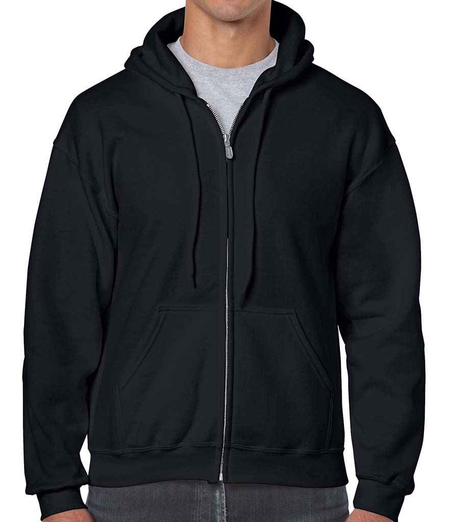 Gildan Heavy Blend Zip Hooded Sweatshirt in Black by Gildan — Custom branded clothing by Print Press, featuring premium embroidery produced in our specialist print lab in the UK.