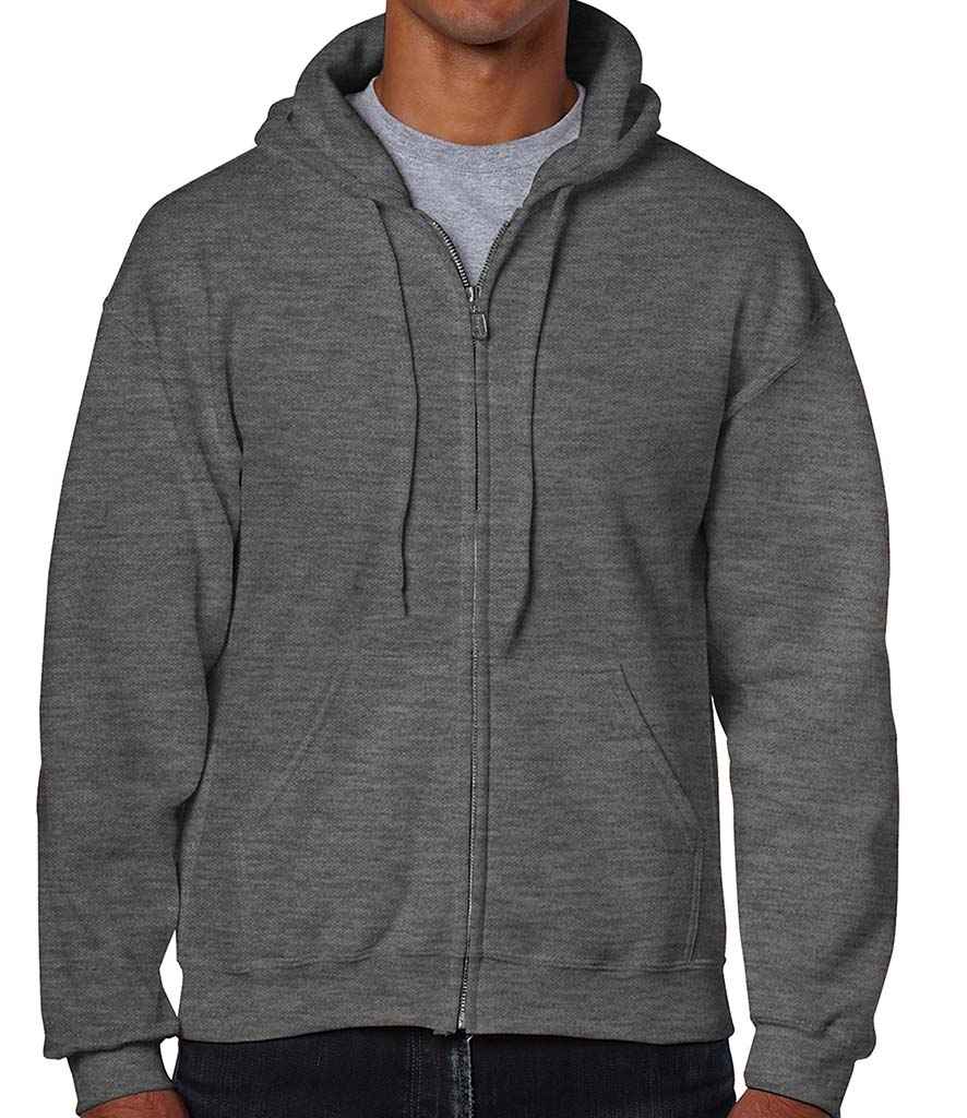 Gildan Heavy Blend Zip Hooded Sweatshirt in Dark Heather by Gildan — Custom branded clothing by Print Press, featuring premium embroidery produced in our specialist print lab in the UK.