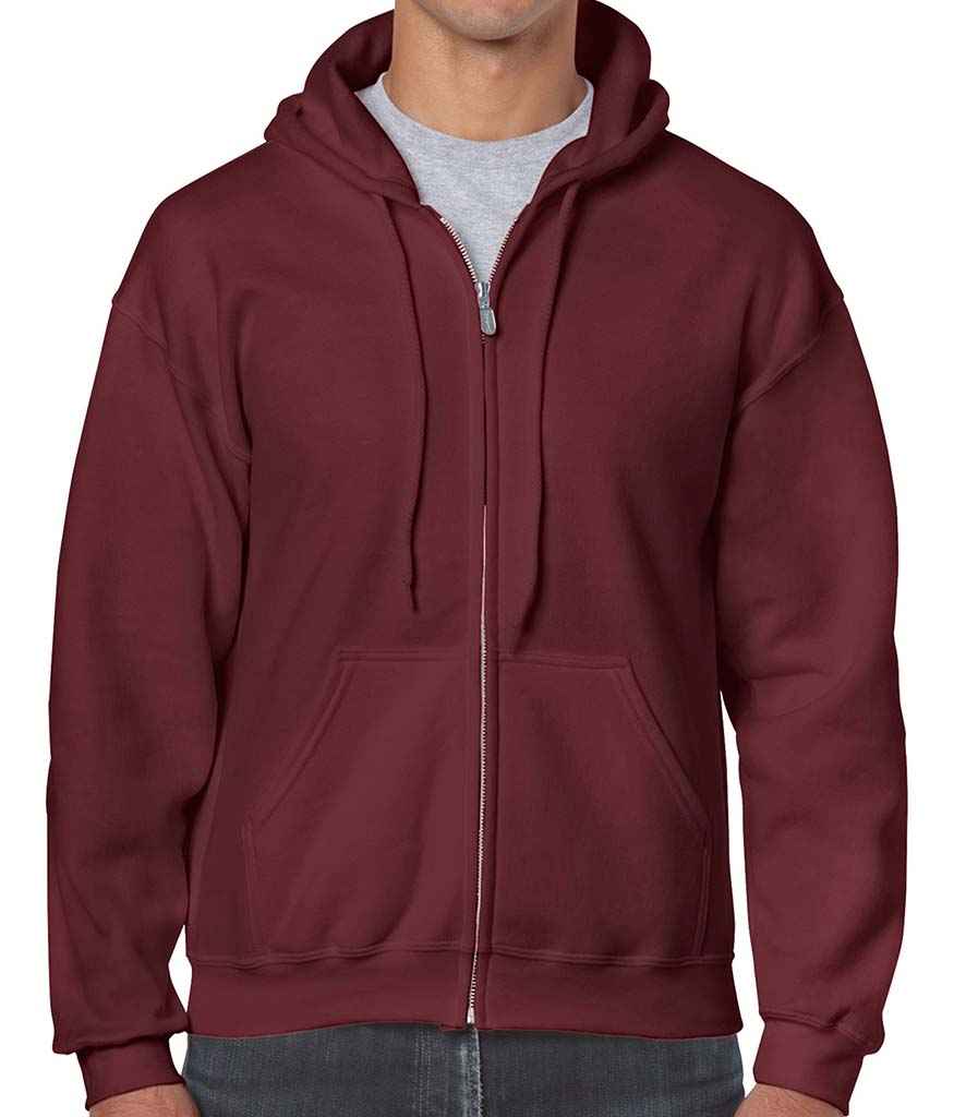 Gildan Heavy Blend Zip Hooded Sweatshirt in Maroon by Gildan — Custom branded clothing by Print Press, featuring premium embroidery produced in our specialist print lab in the UK.
