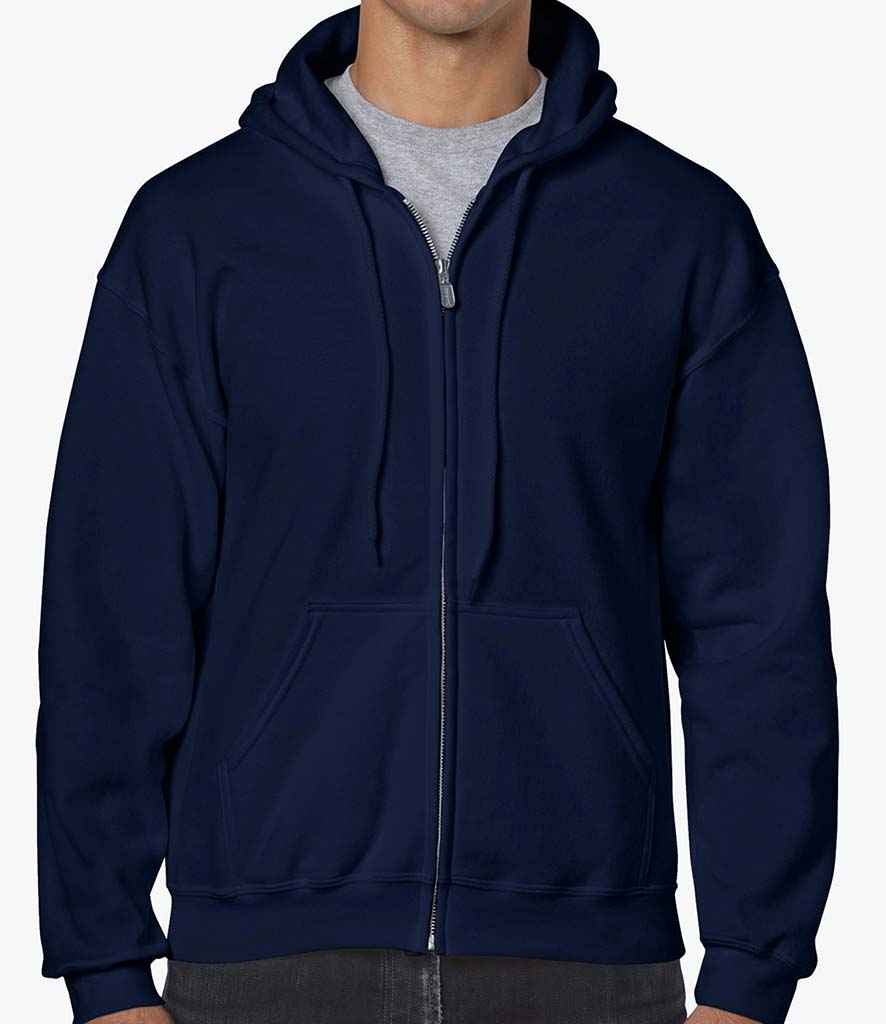 Gildan Heavy Blend Zip Hooded Sweatshirt in Navy by Gildan — Custom branded clothing by Print Press, featuring premium embroidery produced in our specialist print lab in the UK.