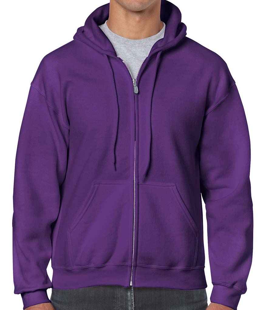 Gildan Heavy Blend Zip Hooded Sweatshirt in Purple by Gildan — Custom branded clothing by Print Press, featuring premium embroidery produced in our specialist print lab in the UK.