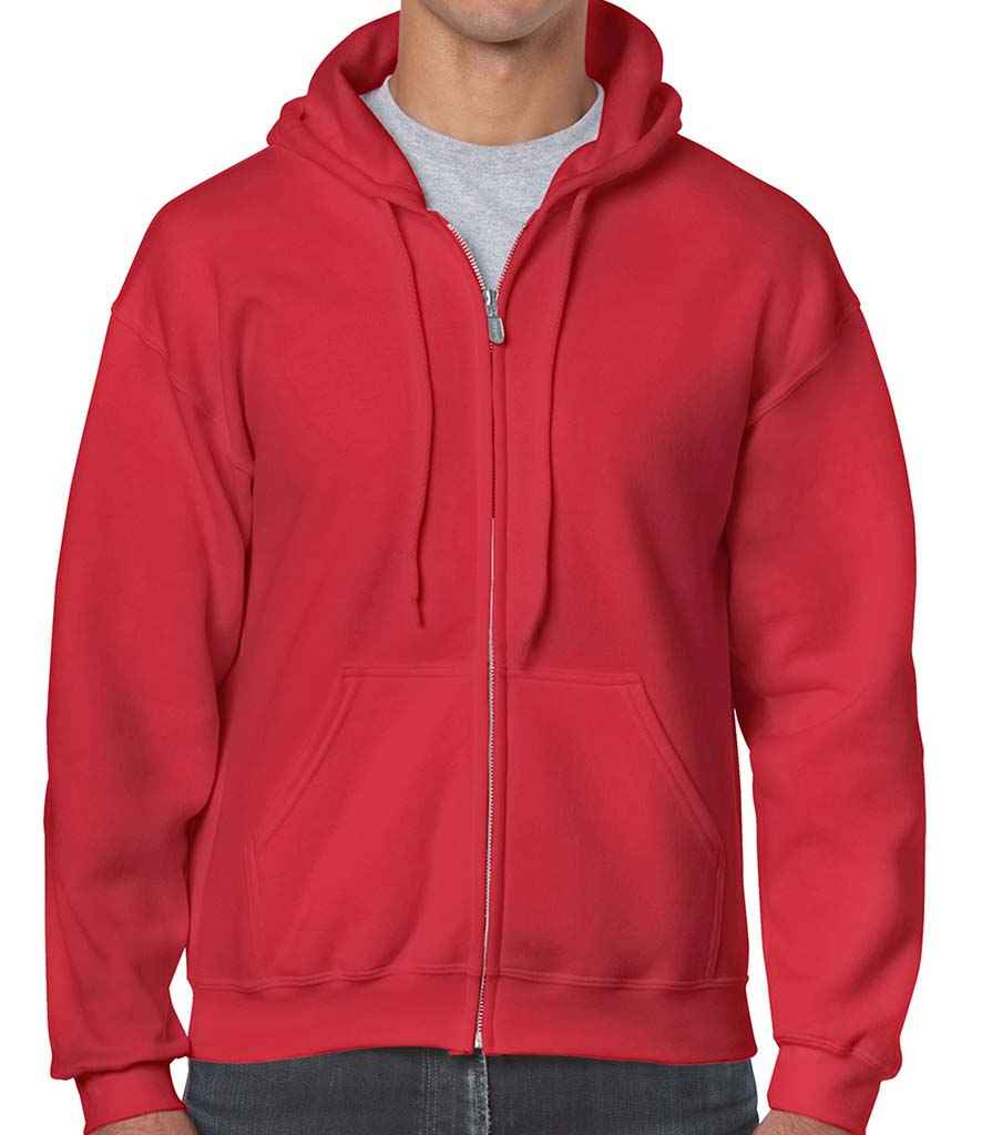 Gildan Heavy Blend Zip Hooded Sweatshirt in Red by Gildan — Custom branded clothing by Print Press, featuring premium embroidery produced in our specialist print lab in the UK.