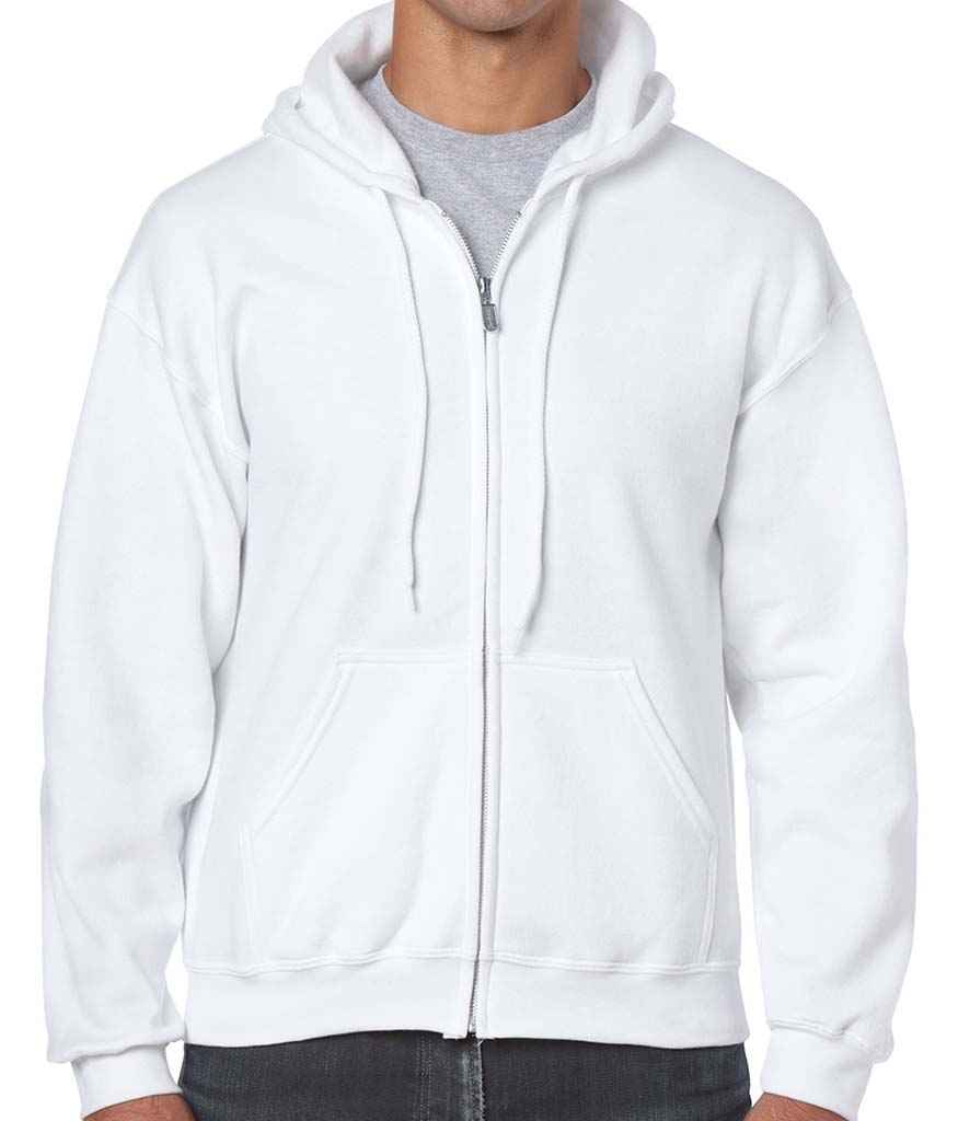 Gildan Heavy Blend Zip Hooded Sweatshirt in White by Gildan — Custom branded clothing by Print Press, featuring premium embroidery produced in our specialist print lab in the UK.