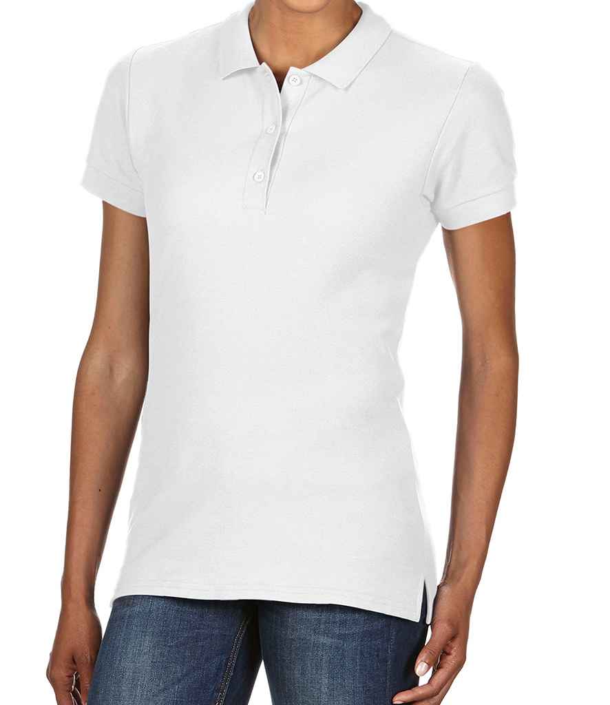 Gildan Ladies Premium Cotton Double Pique Polo Shirt in White by Gildan — Custom branded clothing by Print Press, featuring premium embroidery produced in our specialist print lab in the UK.