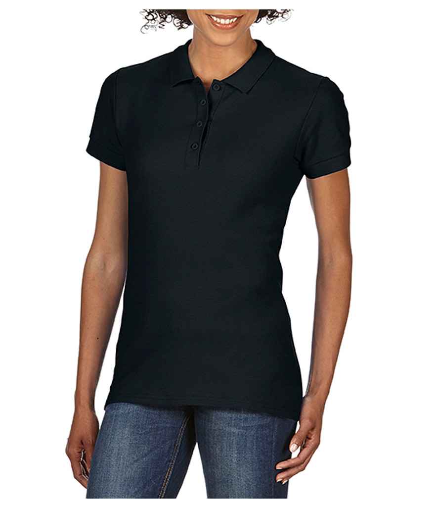 Gildan Ladies SoftStyle Double Pique Polo Shirt in Black by Gildan — Custom branded clothing by Print Press, featuring premium embroidery produced in our specialist print lab in the UK.