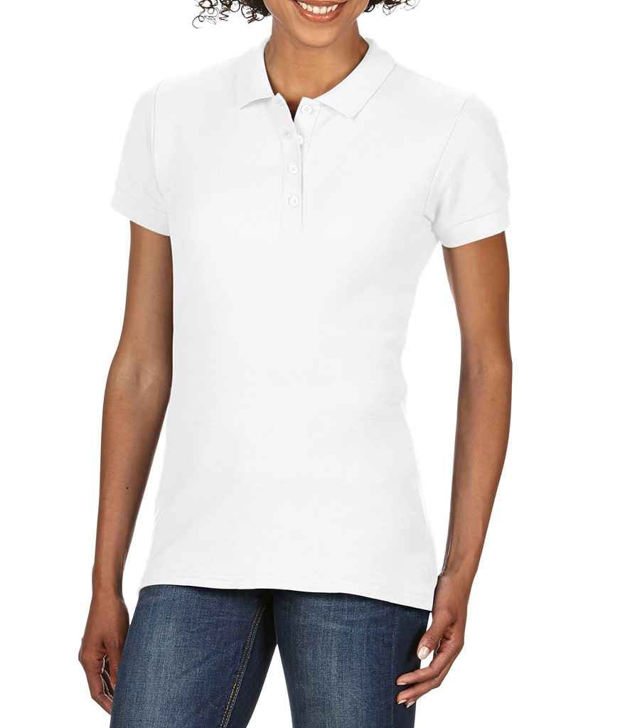 Gildan Ladies SoftStyle Double Pique Polo Shirt in White by Gildan — Custom branded clothing by Print Press, featuring premium embroidery produced in our specialist print lab in the UK.