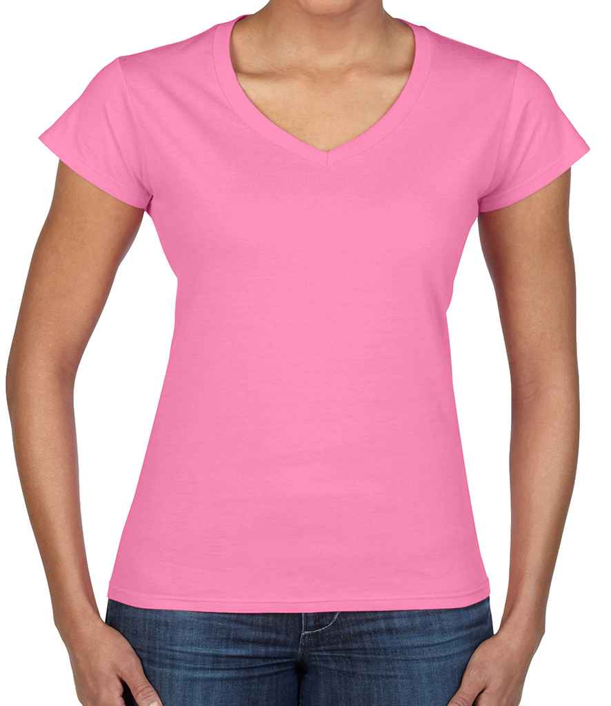 Gildan SoftStyle Ladies V Neck T-Shirt in Azalea by Gildan — Custom branded clothing by Print Press, featuring premium embroidery produced in our specialist print lab in the UK.