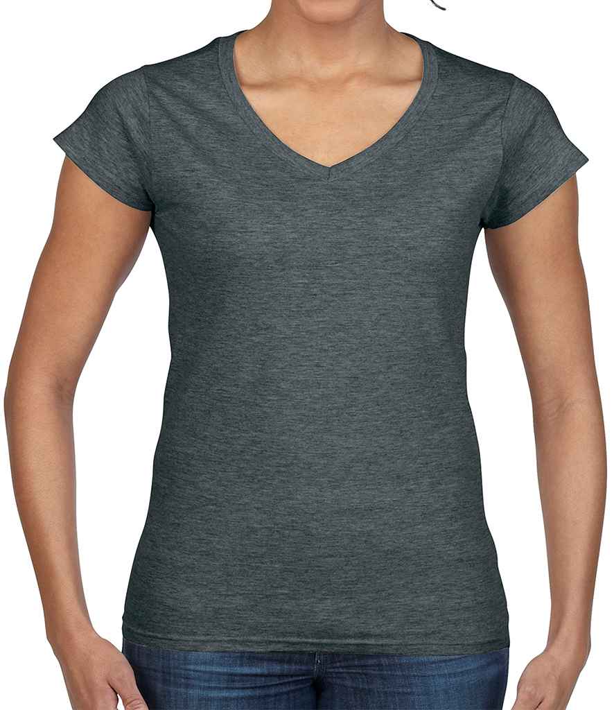 Gildan SoftStyle Ladies V Neck T-Shirt in Dark Heather by Gildan — Custom branded clothing by Print Press, featuring premium embroidery produced in our specialist print lab in the UK.