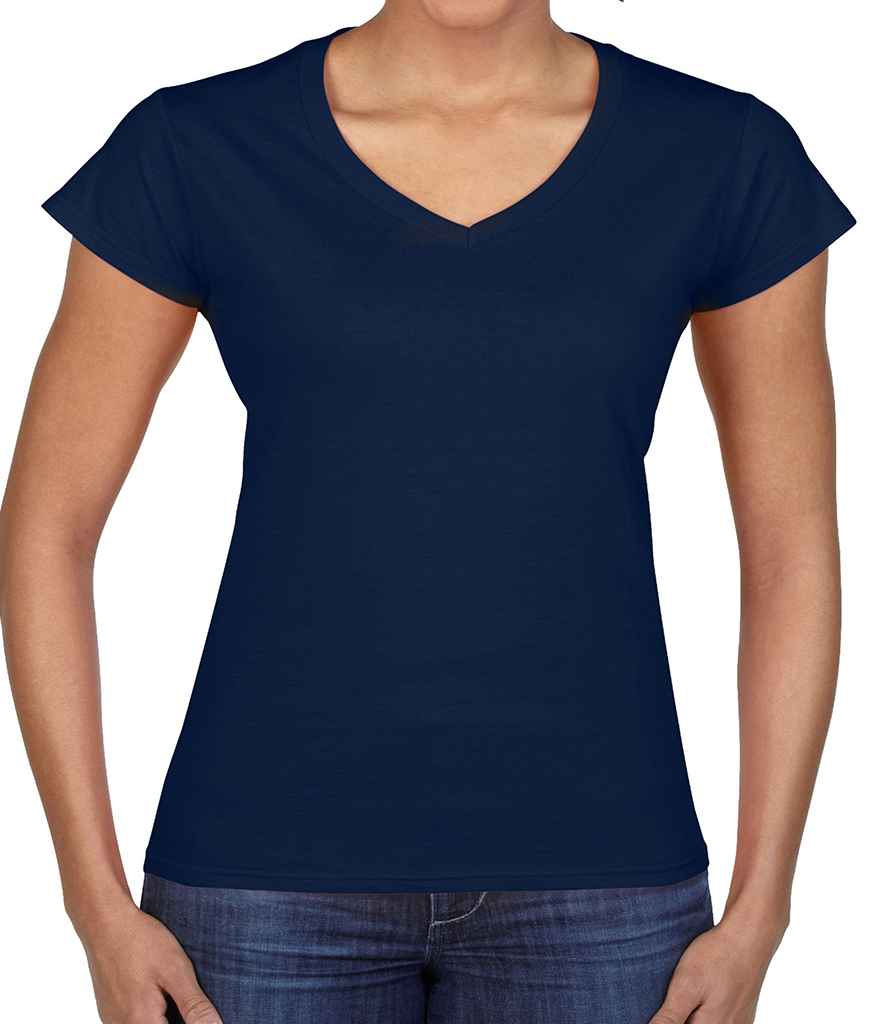 Gildan SoftStyle Ladies V Neck T-Shirt in Navy by Gildan — Custom branded clothing by Print Press, featuring premium embroidery produced in our specialist print lab in the UK.