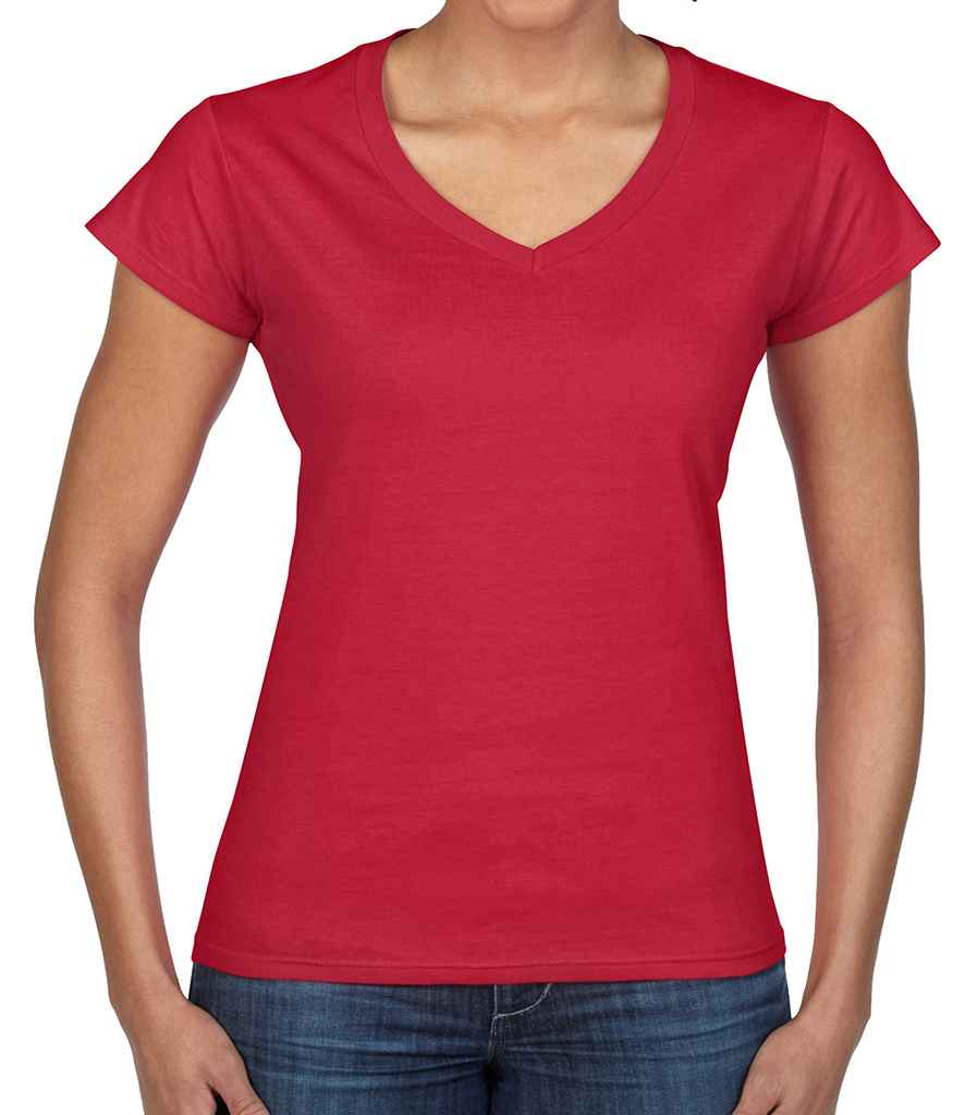 Gildan SoftStyle Ladies V Neck T-Shirt in Red by Gildan — Custom branded clothing by Print Press, featuring premium embroidery produced in our specialist print lab in the UK.