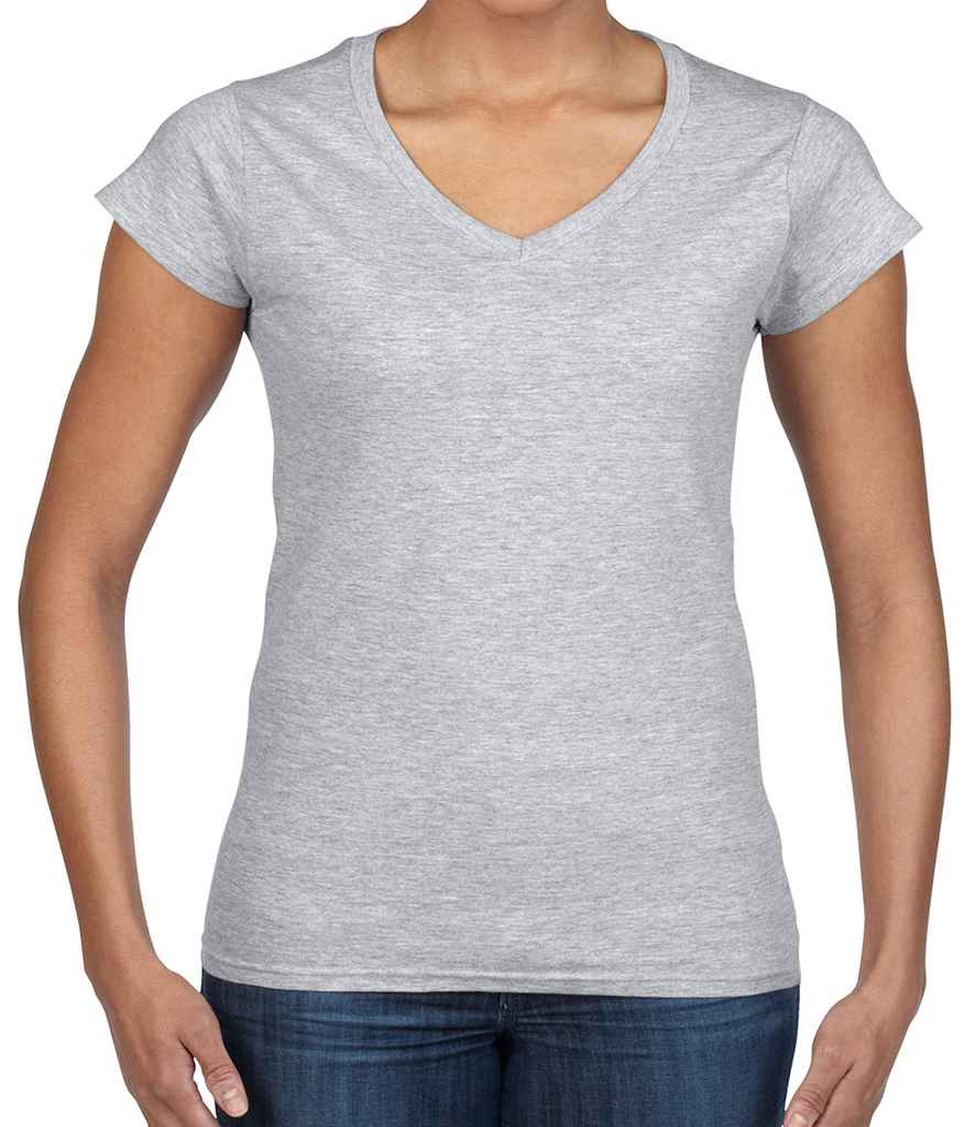 Gildan SoftStyle Ladies V Neck T-Shirt in Sport Grey by Gildan — Custom branded clothing by Print Press, featuring premium embroidery produced in our specialist print lab in the UK.