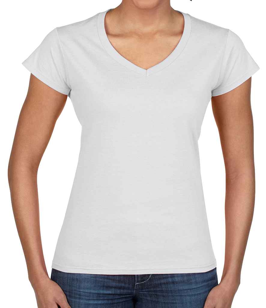 Gildan SoftStyle Ladies V Neck T-Shirt in White by Gildan — Custom branded clothing by Print Press, featuring premium embroidery produced in our specialist print lab in the UK.