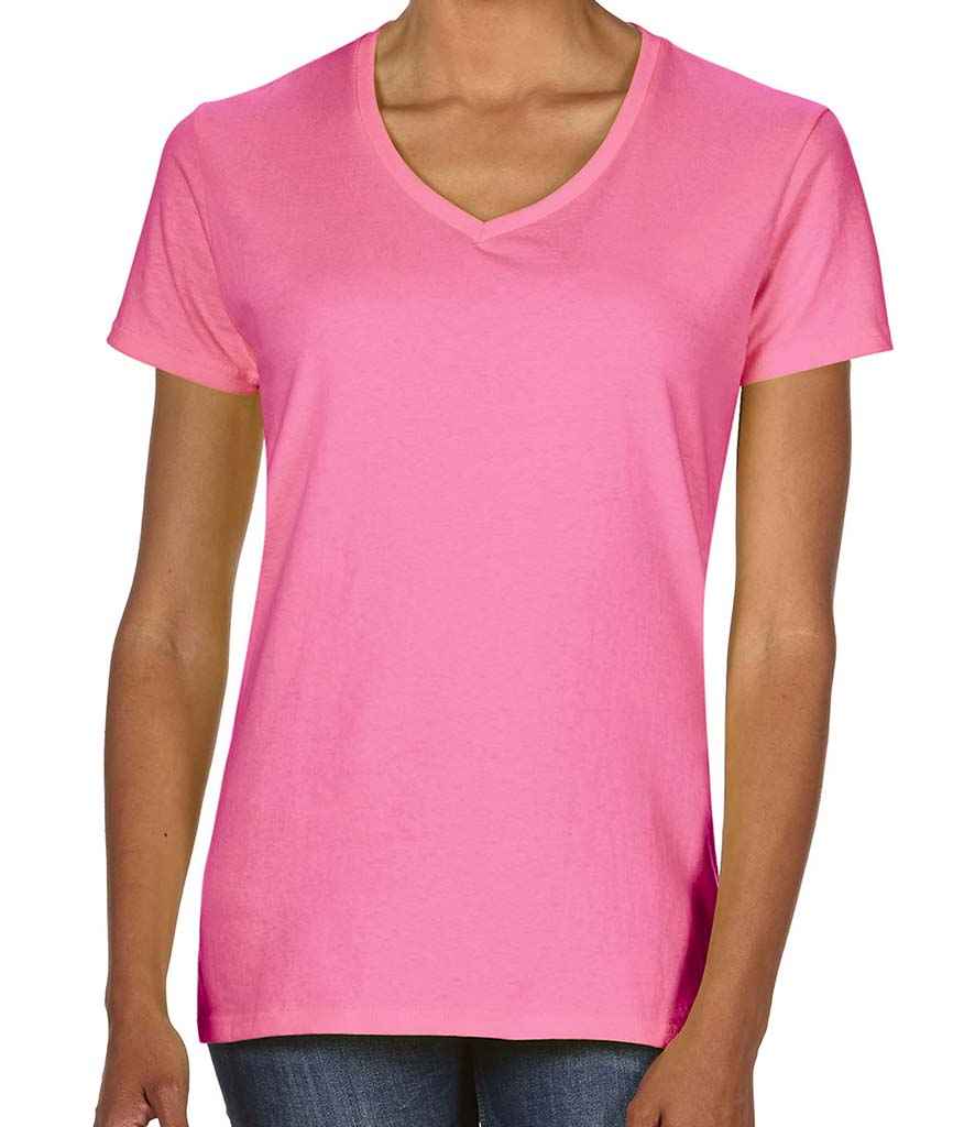 Gildan Ladies Premium Cotton V Neck T-Shirt in Azalea by Gildan — Custom branded clothing by Print Press, featuring premium embroidery produced in our specialist print lab in the UK.
