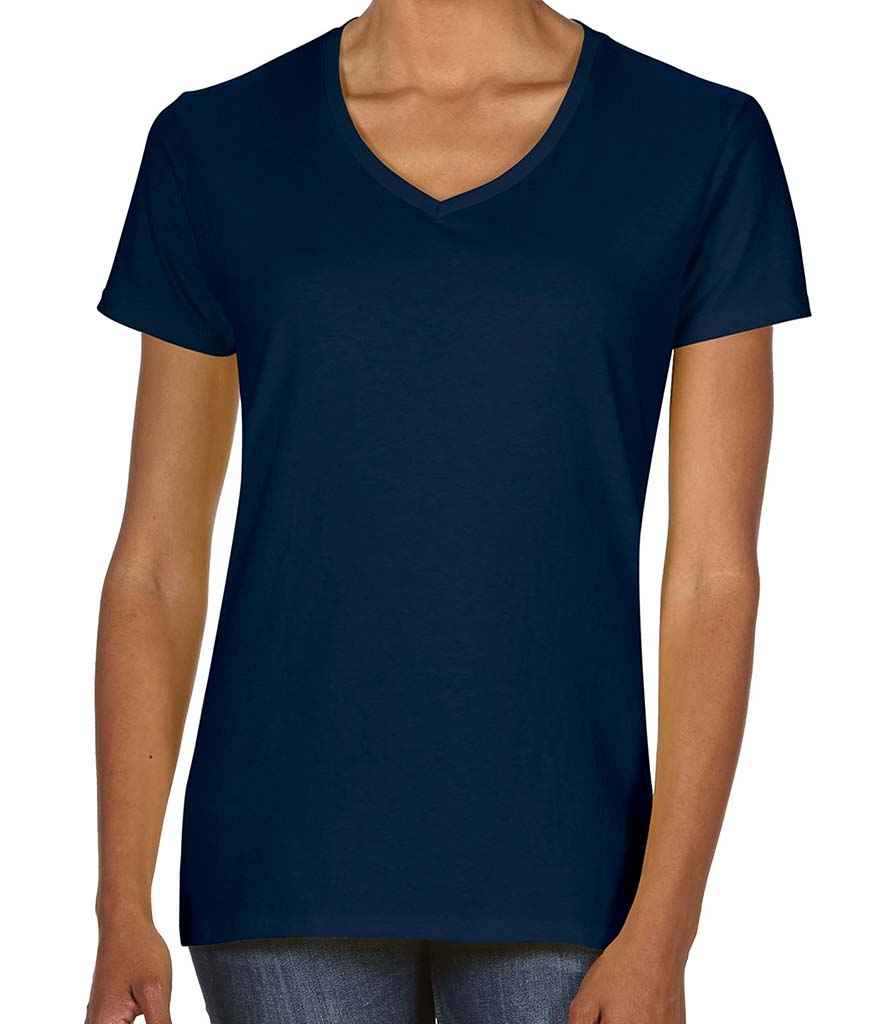 Gildan Ladies Premium Cotton V Neck T-Shirt in Navy by Gildan — Custom branded clothing by Print Press, featuring premium embroidery produced in our specialist print lab in the UK.