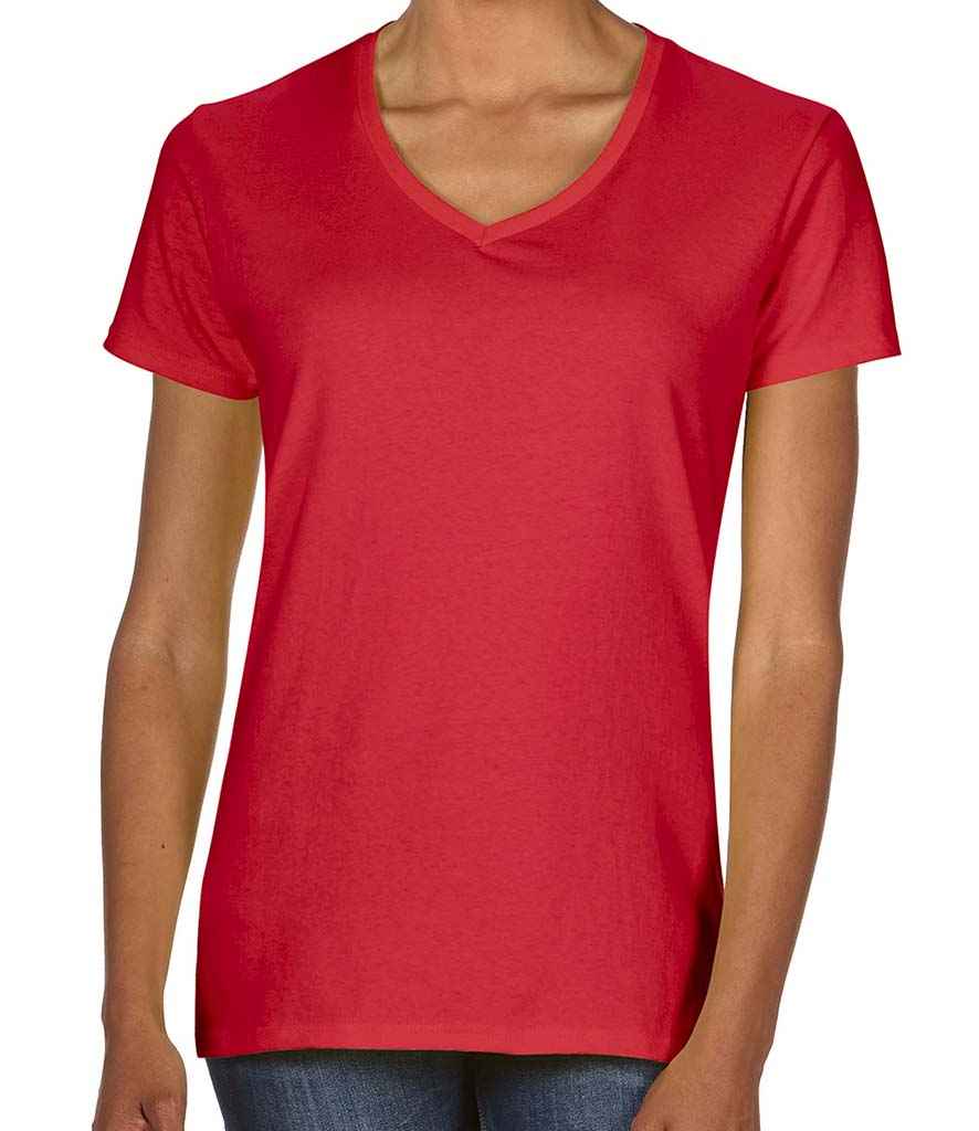 Gildan Ladies Premium Cotton V Neck T-Shirt in Red by Gildan — Custom branded clothing by Print Press, featuring premium embroidery produced in our specialist print lab in the UK.