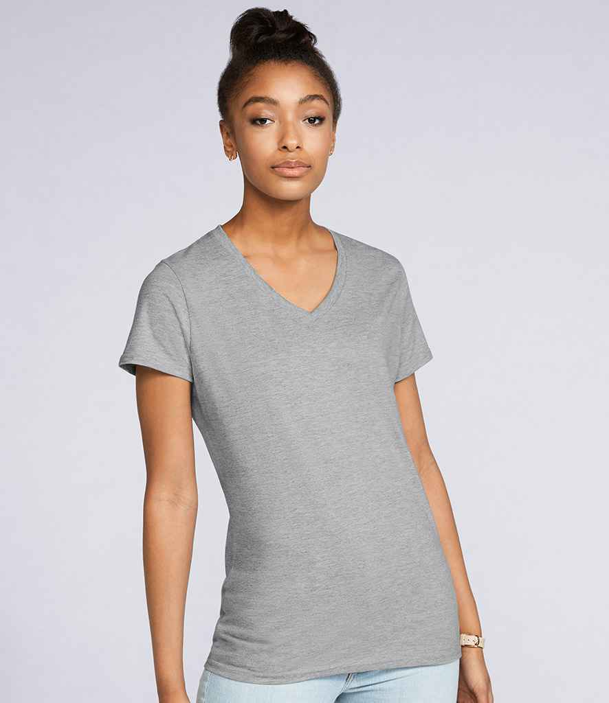 Gildan Ladies Premium Cotton V Neck T-Shirt in Sport Grey by Gildan — Custom branded clothing by Print Press, featuring premium embroidery produced in our specialist print lab in the UK.