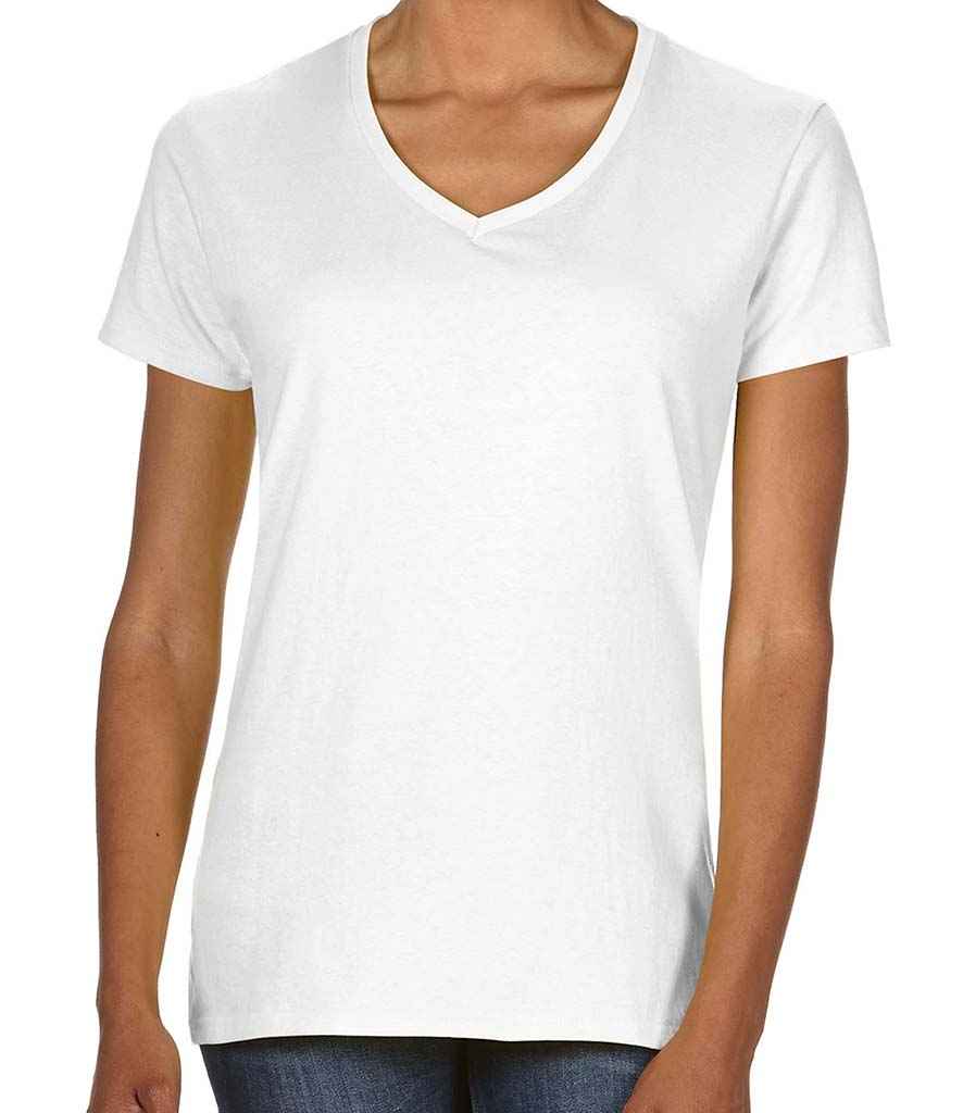 Gildan Ladies Premium Cotton V Neck T-Shirt in White by Gildan — Custom branded clothing by Print Press, featuring premium embroidery produced in our specialist print lab in the UK.