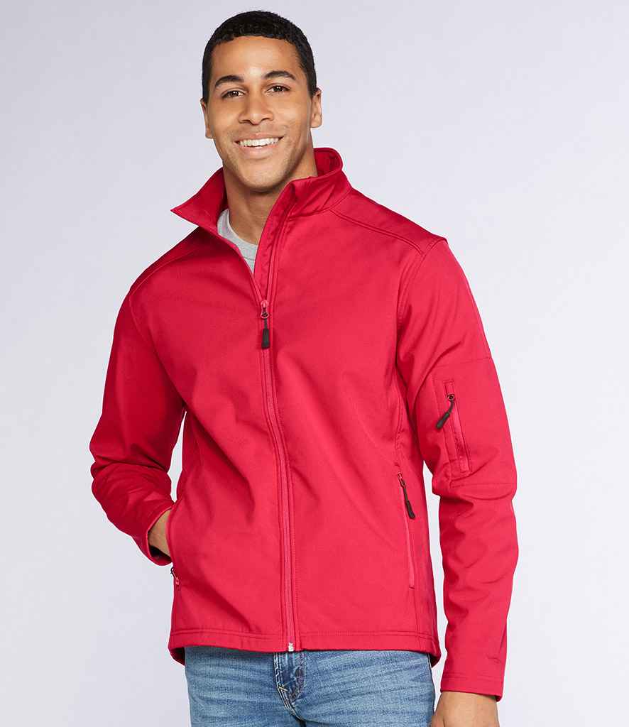 Gildan Hammer Soft Shell Jacket in Red by Gildan — Custom branded clothing by Print Press, featuring premium embroidery produced in our specialist print lab in the UK.