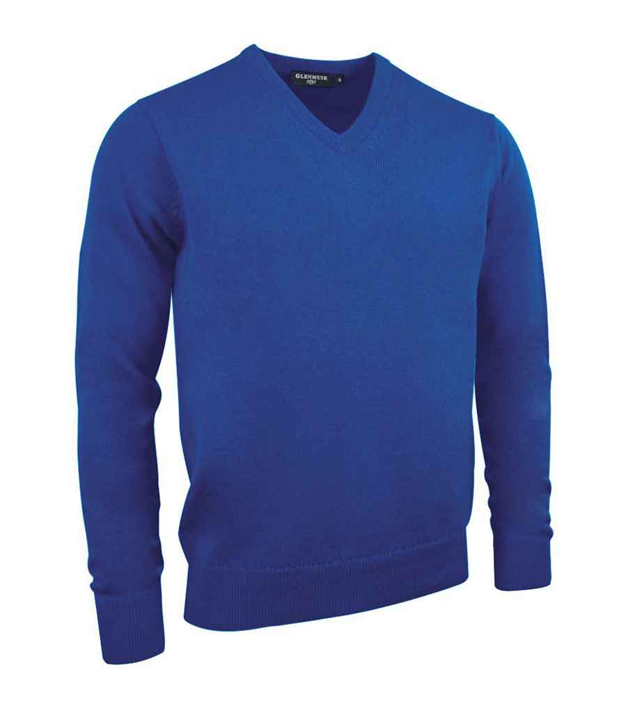Glenmuir V Neck Lambswool Sweater in Ascot Blue by Glenmuir — Custom branded clothing by Print Press, featuring premium embroidery produced in our specialist print lab in the UK.