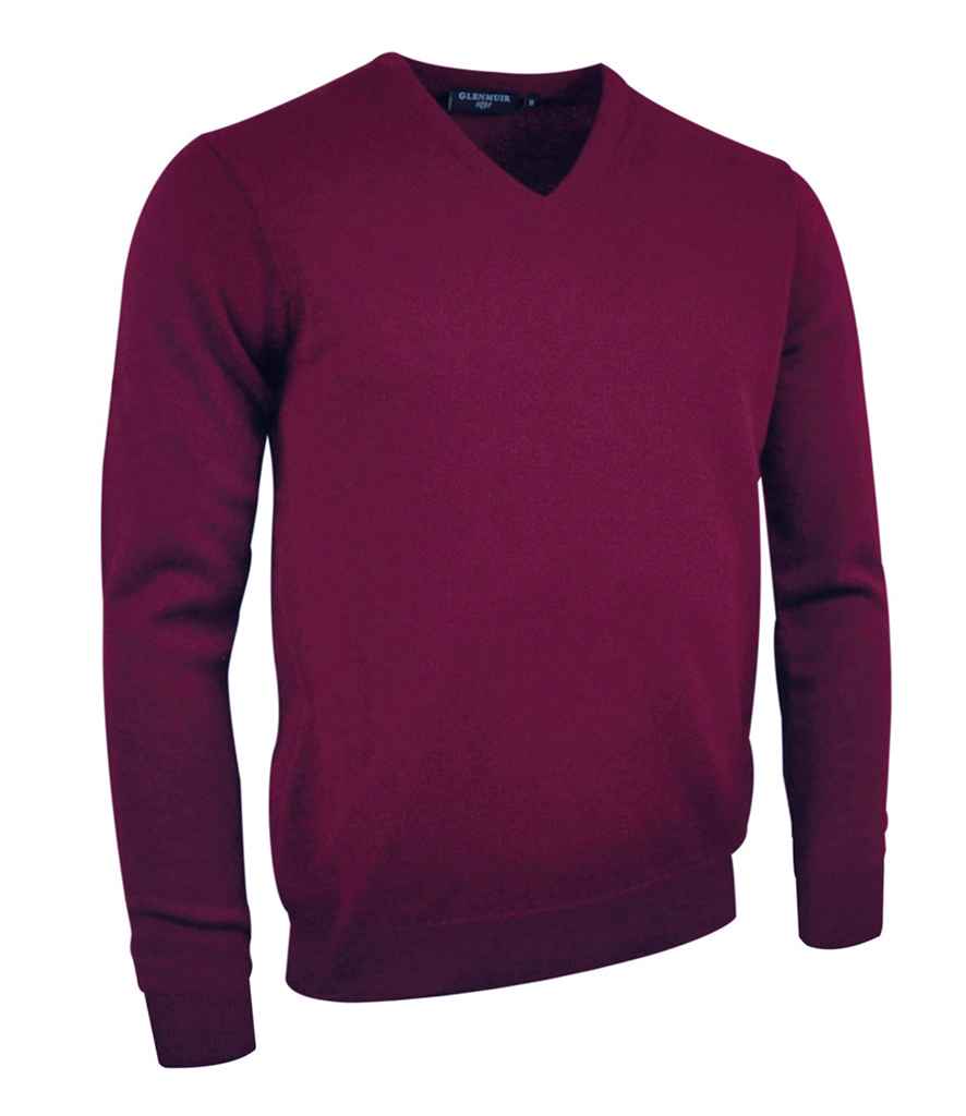 Glenmuir V Neck Lambswool Sweater in Bordeaux by Glenmuir — Custom branded clothing by Print Press, featuring premium embroidery produced in our specialist print lab in the UK.