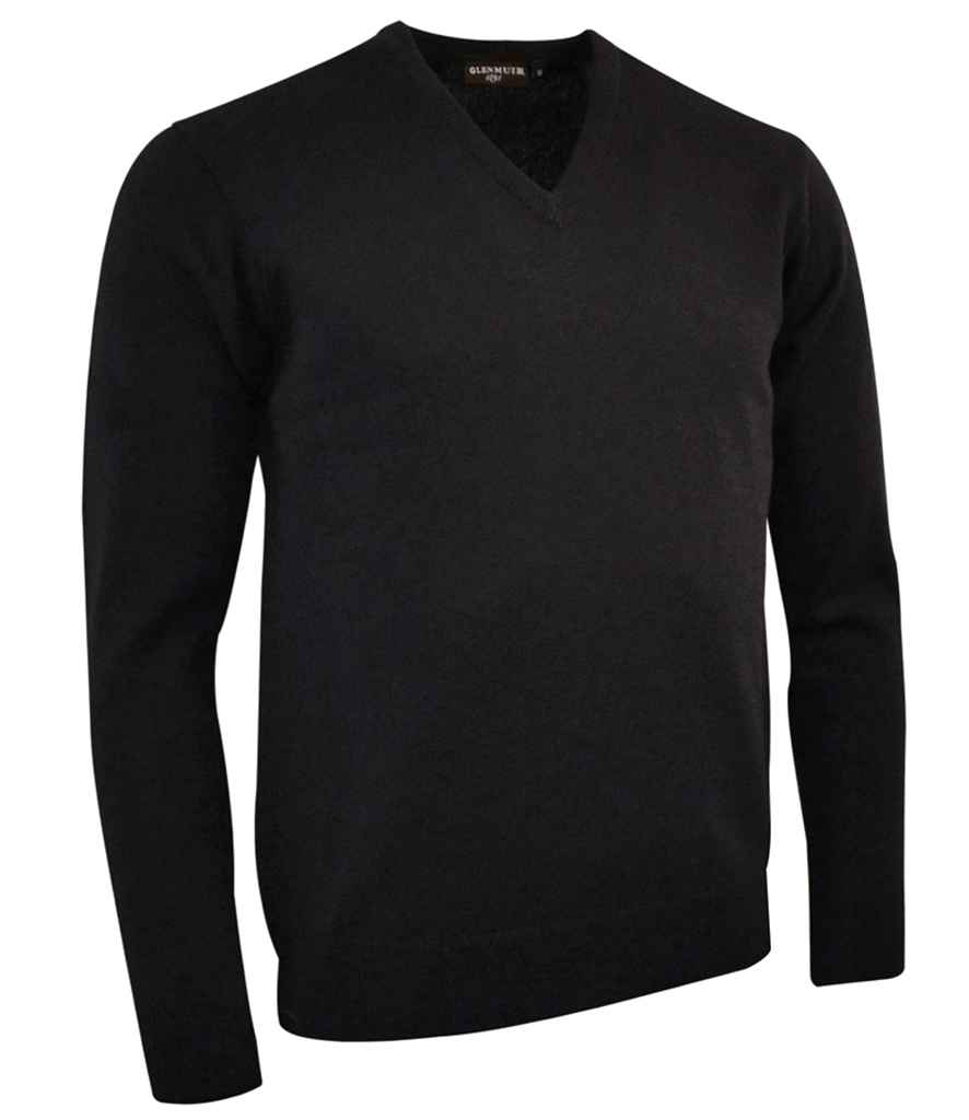Glenmuir V Neck Lambswool Sweater in Black by Glenmuir — Custom branded clothing by Print Press, featuring premium embroidery produced in our specialist print lab in the UK.