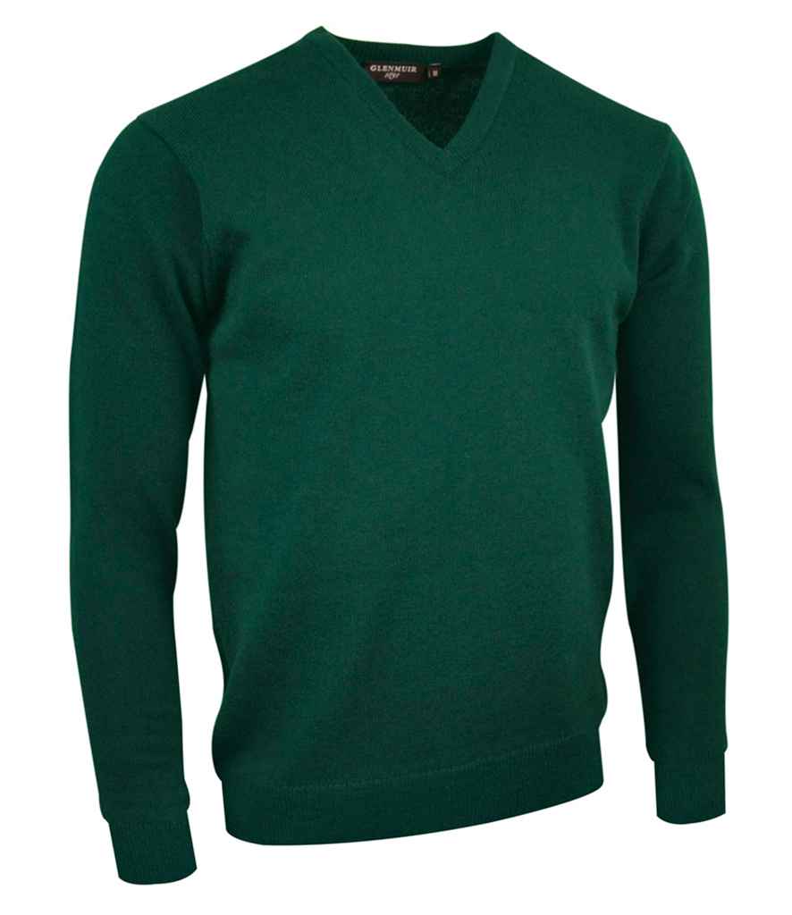 Glenmuir V Neck Lambswool Sweater in Bottle Green by Glenmuir — Custom branded clothing by Print Press, featuring premium embroidery produced in our specialist print lab in the UK.