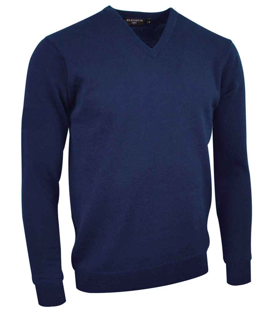 Glenmuir V Neck Lambswool Sweater in Navy by Glenmuir — Custom branded clothing by Print Press, featuring premium embroidery produced in our specialist print lab in the UK.