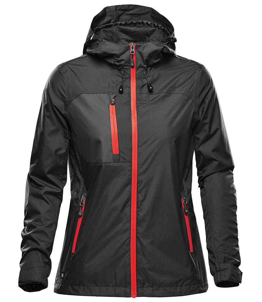 Stormtech Ladies Olympia Shell Jacket in Black Bright Red by Stormtech — Custom branded clothing by Print Press, featuring premium embroidery produced in our specialist print lab in the UK.