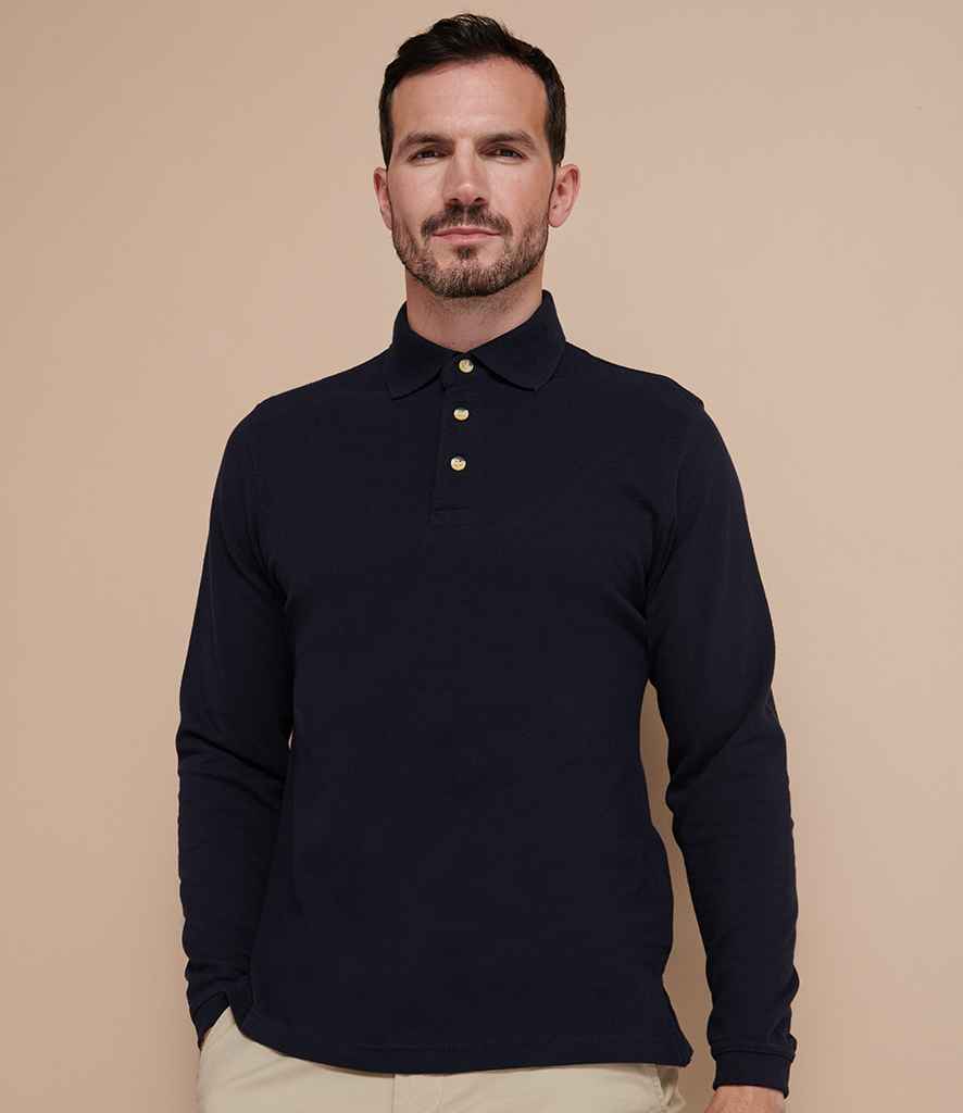 Henbury Long Sleeve Cotton Pique Polo Shirt in Black by Henbury — Custom branded clothing by Print Press, featuring premium embroidery produced in our specialist print lab in the UK.