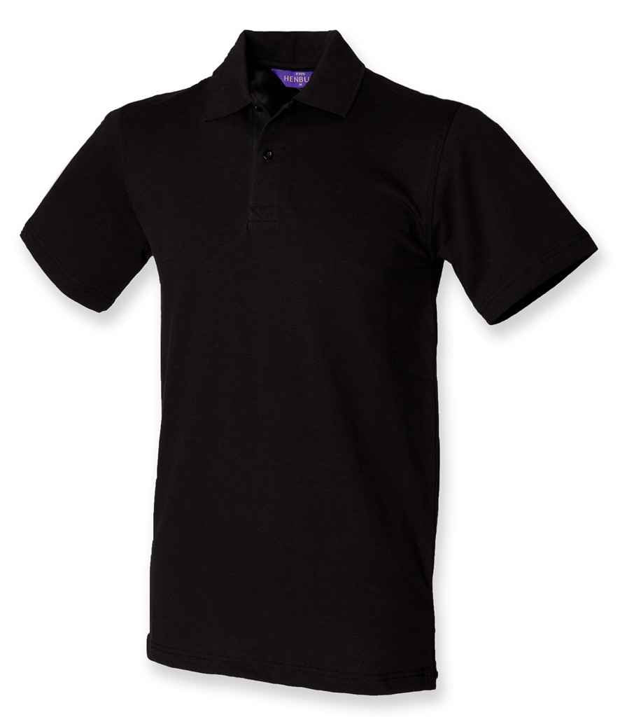 Henbury Unisex Stretch Cotton Pique Polo Shirt in Black by Henbury — Custom branded clothing by Print Press, featuring premium embroidery produced in our specialist print lab in the UK.