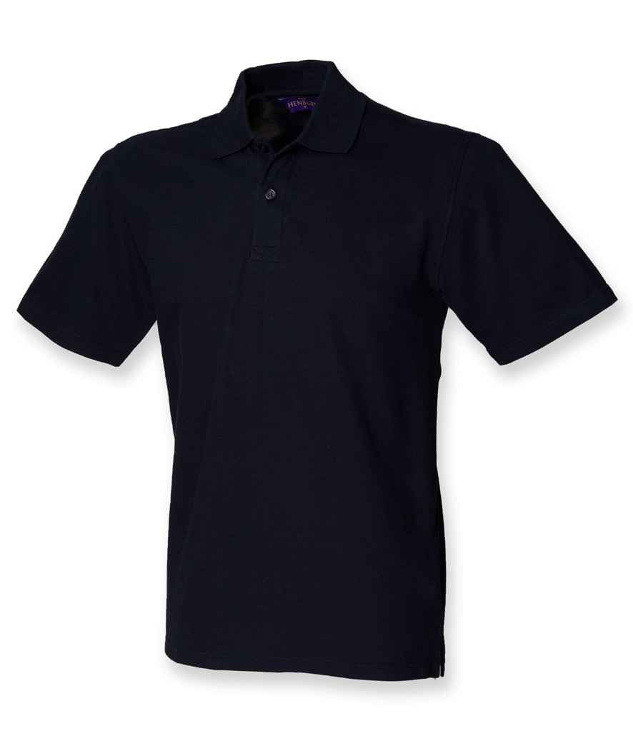 Henbury Unisex Stretch Cotton Pique Polo Shirt in Navy by Henbury — Custom branded clothing by Print Press, featuring premium embroidery produced in our specialist print lab in the UK.