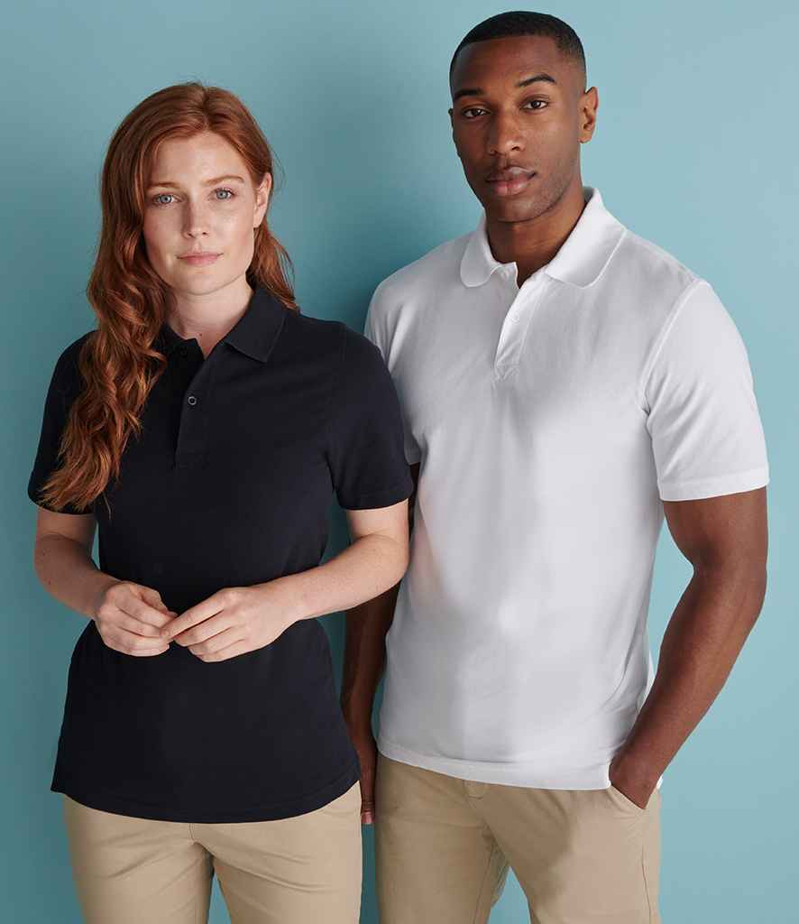 Henbury Unisex Stretch Cotton Pique Polo Shirt in White by Henbury — Custom branded clothing by Print Press, featuring premium embroidery produced in our specialist print lab in the UK.