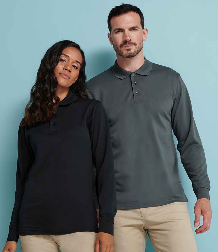 Henbury Unisex Long Sleeve Coolplus Pique Polo Shirt in Black by Henbury — Custom branded clothing by Print Press, featuring premium embroidery produced in our specialist print lab in the UK.